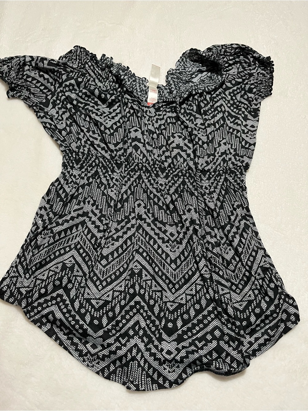 No Boundaries Black & White Off-Shoulder Smocked Waist Tunic